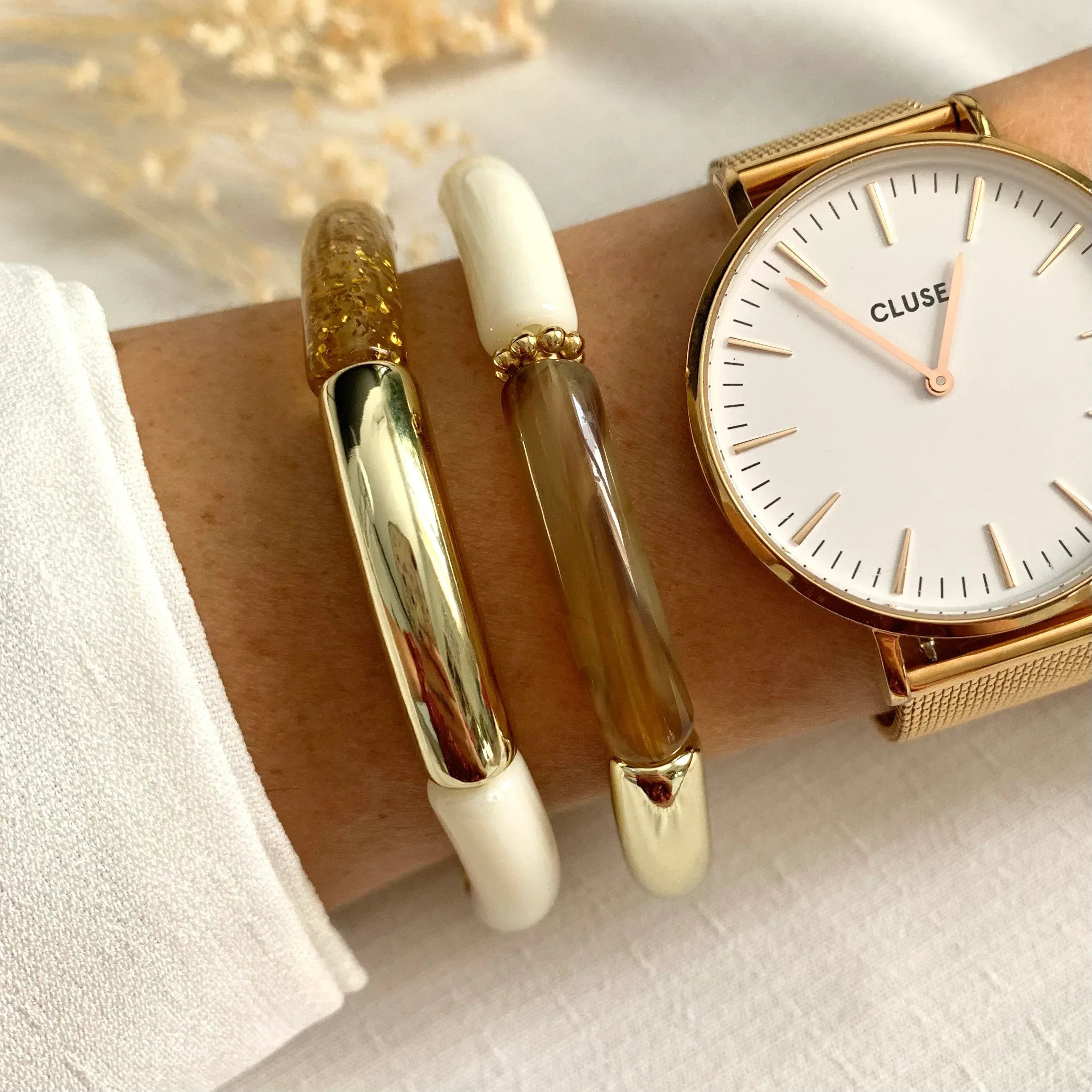 Bracelet Jonc Tubes AMELIA - Collection Rose/Corail - Lynéör Bijoux